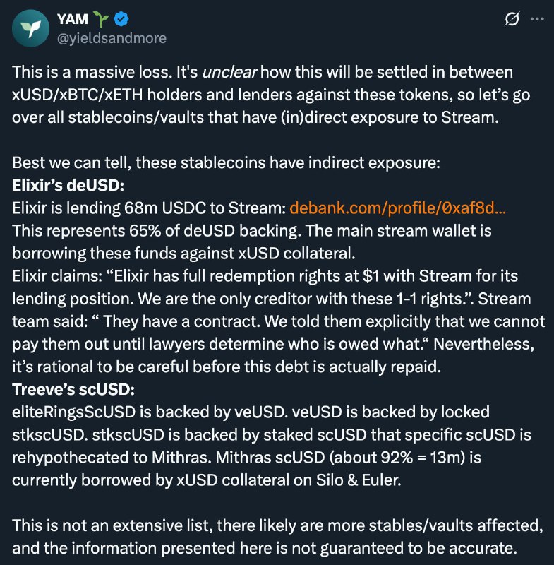 Stream Finance Reports $93M Loss; xUSD Depegs 50%, $285M DeFi Liquidity at Risk