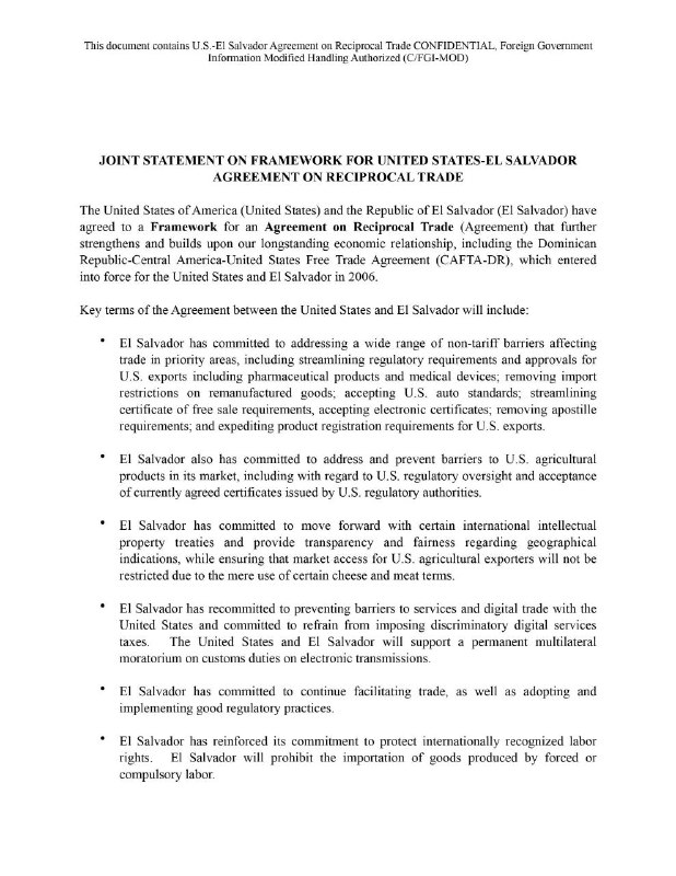 US and El Salvador Outline Reciprocal Trade Framework, Eye Tariff Relief